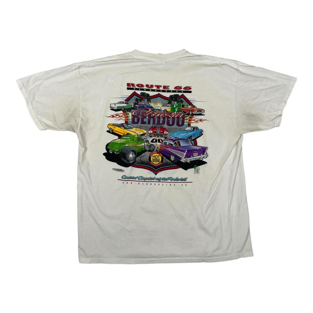 VTG Route 66 Cruisin Berdoo T-Shirt Mens XL White Hot Rod Cars San Bernardino CA
